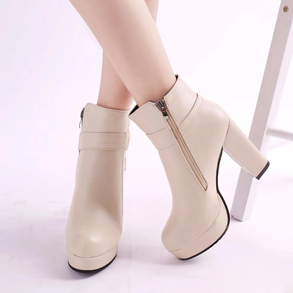 

European and American autumn winter plus thick heel high heeled women s short boots with plush warm leather 37