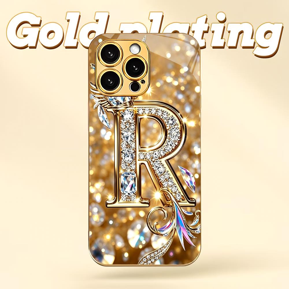 The Letter R Gold Plated Glass Phone Case Is Suitable for iPhone 17 16 15 14 13 12 11 Pro/Max/Plus Shockproof Back Cover
