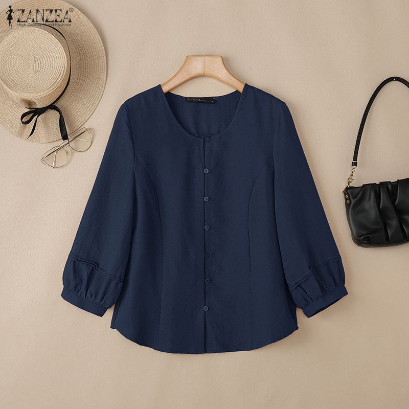 ZANZEA Women Casual Round Neck Solid Color 3/4 Sleeve Blouse