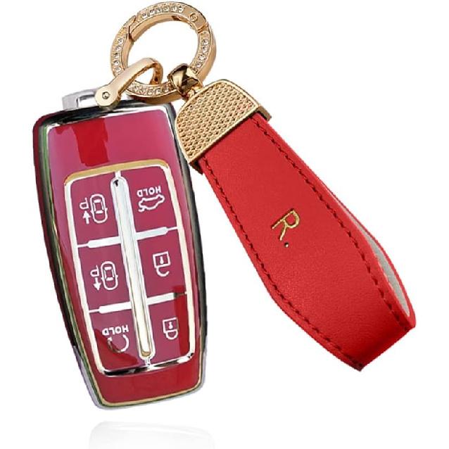 SANRILY Goldrand 6-Tasten Schlüsselanhänger Hülle für Genesis GV70 2021 2022 G90 G70 G80 GV80 Keyless Vollschutz Schlüsselanhänger Hülle mit Leder Schlüsselanhänger