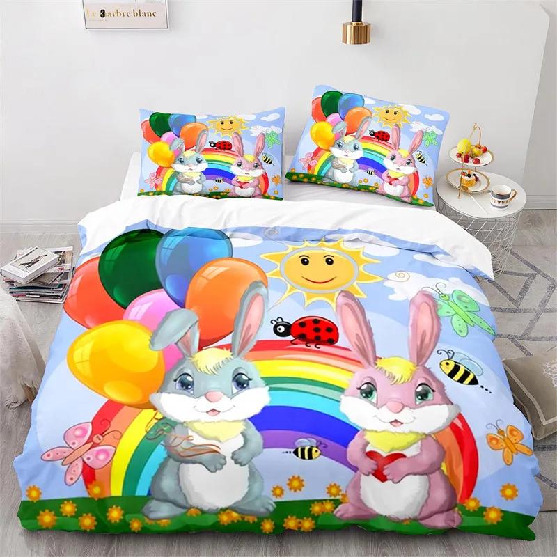 Copripiumino Animali Cartoni Animati Simpatico Set Letto Coniglio Arcobaleno Microfibra Fauna Selvatica Copripiumino Misura Singola Per Bambine Bambini Stanza Kawaii