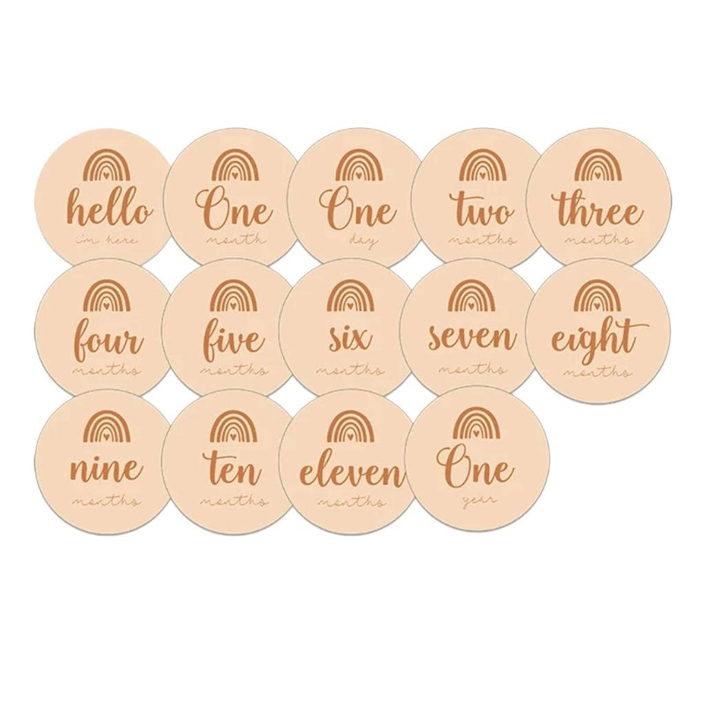14 Pcs Milestone Cards Round Wooden for Monthly Recording Disc Door Hanger