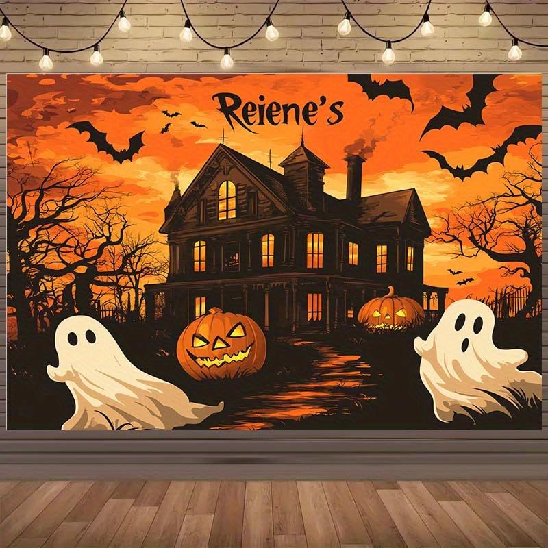 1 Halloween haunted house background cloth - pumpkin ghost bat and haunted house theme Halloween party durable polyester 47.2x31.5inch/120*80cm