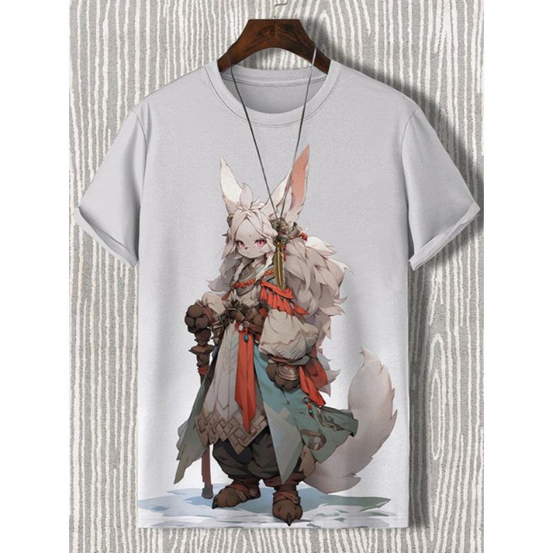 Herren T-Shirt im japanischen Stil mit Samurai-Katze-Grafik und 3D-Druck, lässiges kurzärmliges T-Shirt für den Außenbereich, übergroße Herrenbekleidung