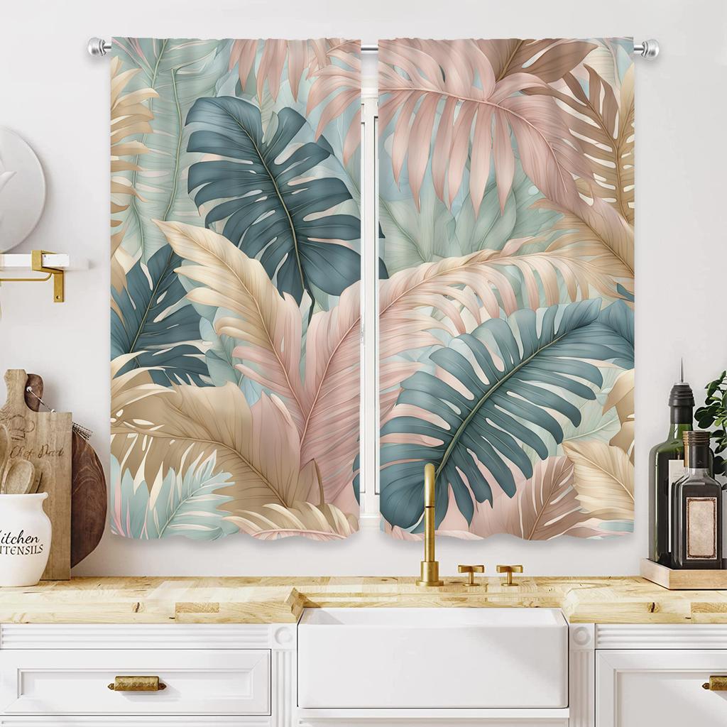 2pc Tropical green and pink monstera leaf print curtains, polyester fabric, machine washable, suitable for bedrooms living rooms