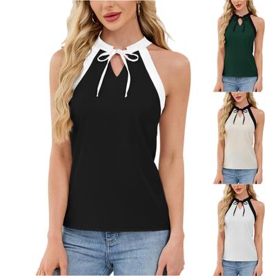 Women's Fashionable Round Neck Color Blocked Hanging Neck Vest Sleeveless Temperament Top