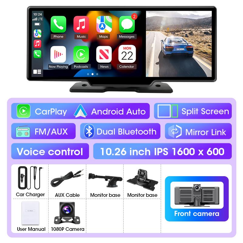 10.26" 4K Dash Cam Rearview Camera WIFI Carplay & Android Auto Dual Lens Car DVR Video Recorder AUX GPS 24H BT FM Mirror Monitor