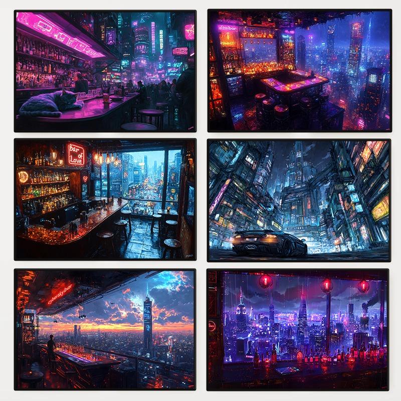 1pc frameless Cyberpunk Night City Landscape Poster Future Neon Lights Bar Design Canvas Wall Art for Living Room Home Decor