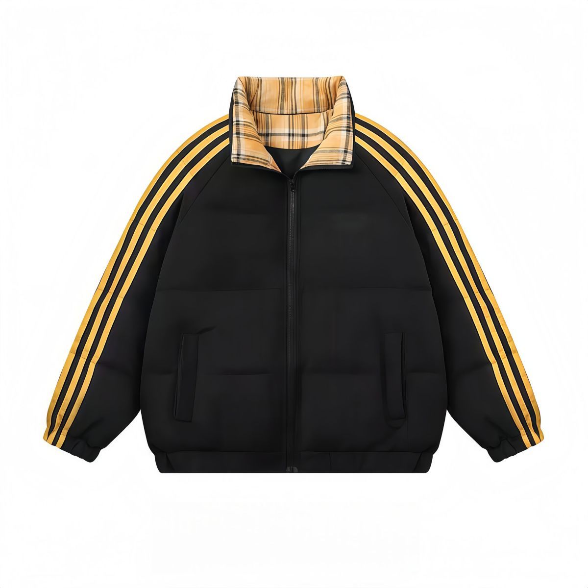 

Winter Thickened Striped Patchwork Puffer Jacket Loose Fit Student Couple Coat XXL чорний