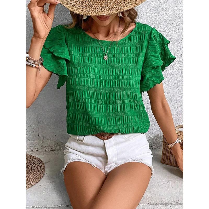 Women's Textured Ruffle Short Sleeve Blouse Summer Crew Neck Tops Dressy Casual Loose Fit Tee Shirts Beach Clothes
