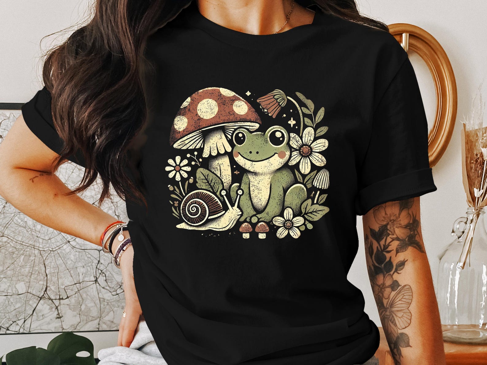 Cute Frog and Mushroom T Shirt, Cottagecore Snail Shirt, Botanical Nature Graphic Tee, Vintage Nature Art Tee, Whimsical Frog Tee XL