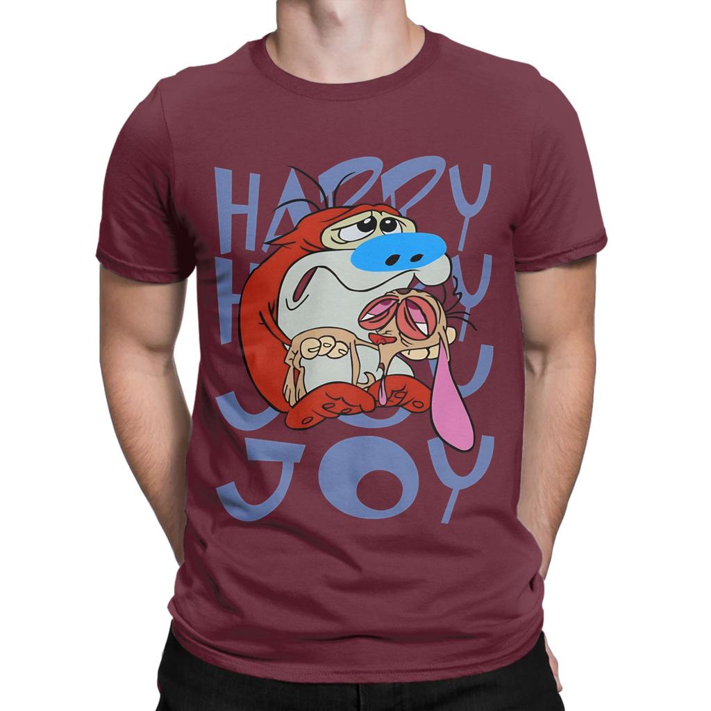 T-shirt Ren And Stimpy Happy Happy Joy Joy T-shirts de Plage Unisexes Coton Col Rond T-shirts Oversize Manches Courtes Y2k Rétro T-shirt