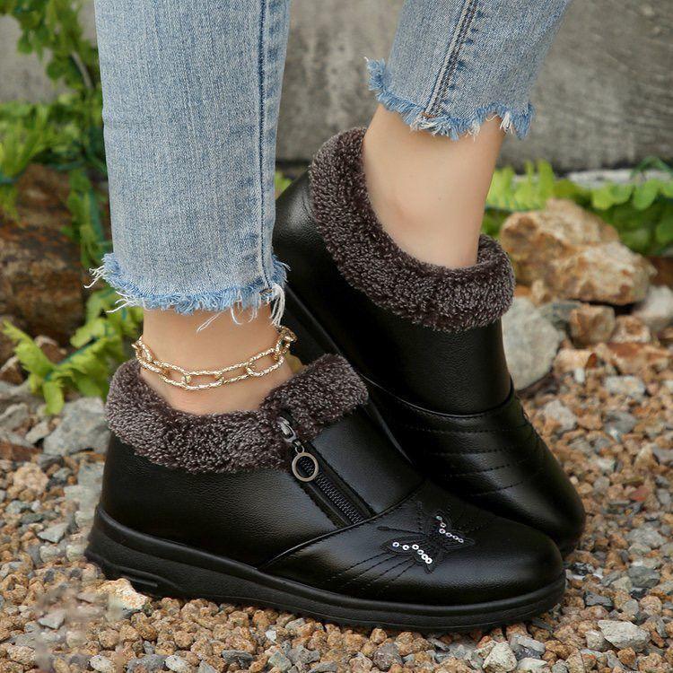 Flat-bottomed non-slip casual soft-soled cotton shoes for women 2025 autumn and winter new fashionable versatile warm side zipper cotton shoes for wom
