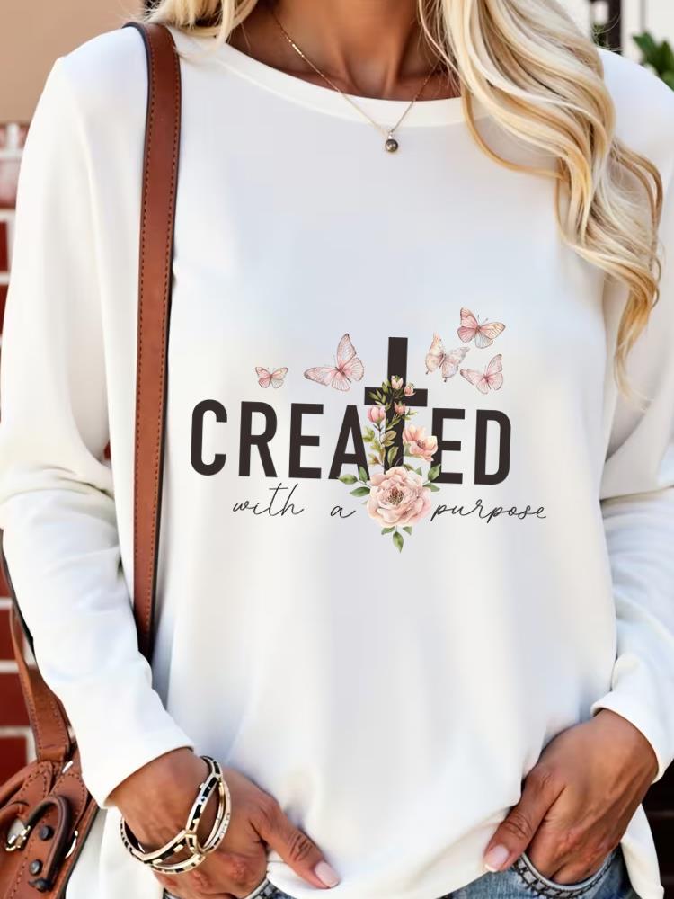 (Asian Size) faith trend flower autumn winter spring Casual Fashion Print T Shirt Tee Women Clothing Top o-neck Graphic Long Sleeve T-shirts