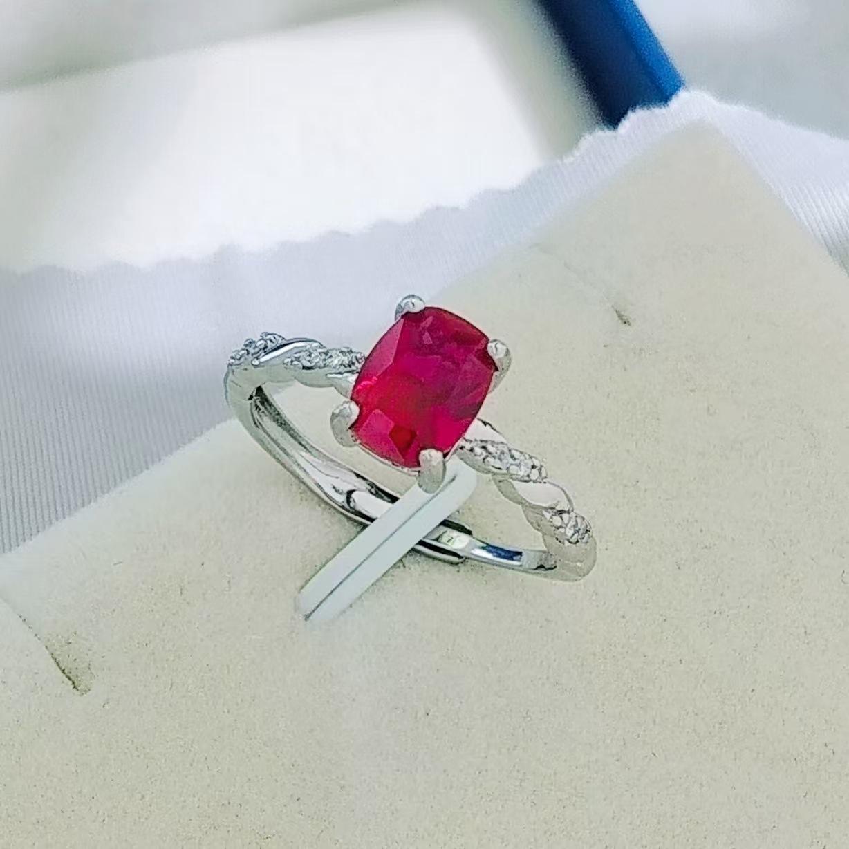 Antique-Style Burnished Red Ruby Rectangular Ring with Silver-Plated Inlaid 6x8mm Corundum Spinel. Adjustable