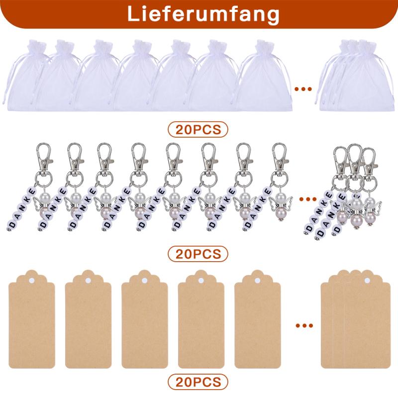 20pcs Guardian Angel Key Chain Pendant Gauze Bag Wedding Birthday Party Small Gift Metal Bag Key