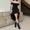 Elegante abito nero vintage da donna con volant patchwork sexy spalle scoperte slim irregolare chic abiti casual Harajuku