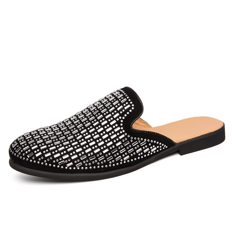 Fashion New Men's Charm Rhinestone Half Slippers Black Gold Shoes Male Casual Mules Moccasins Breathable Loafers Zapatos Hombre