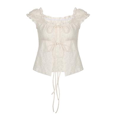 Söt och Kryddig Stil Jacquard Ihålig Rem Fyrkantig Krage Puffärm Kort Topp Flicka Svart Öron Åldersreducerande Mångsidig Navel Kort Ärm