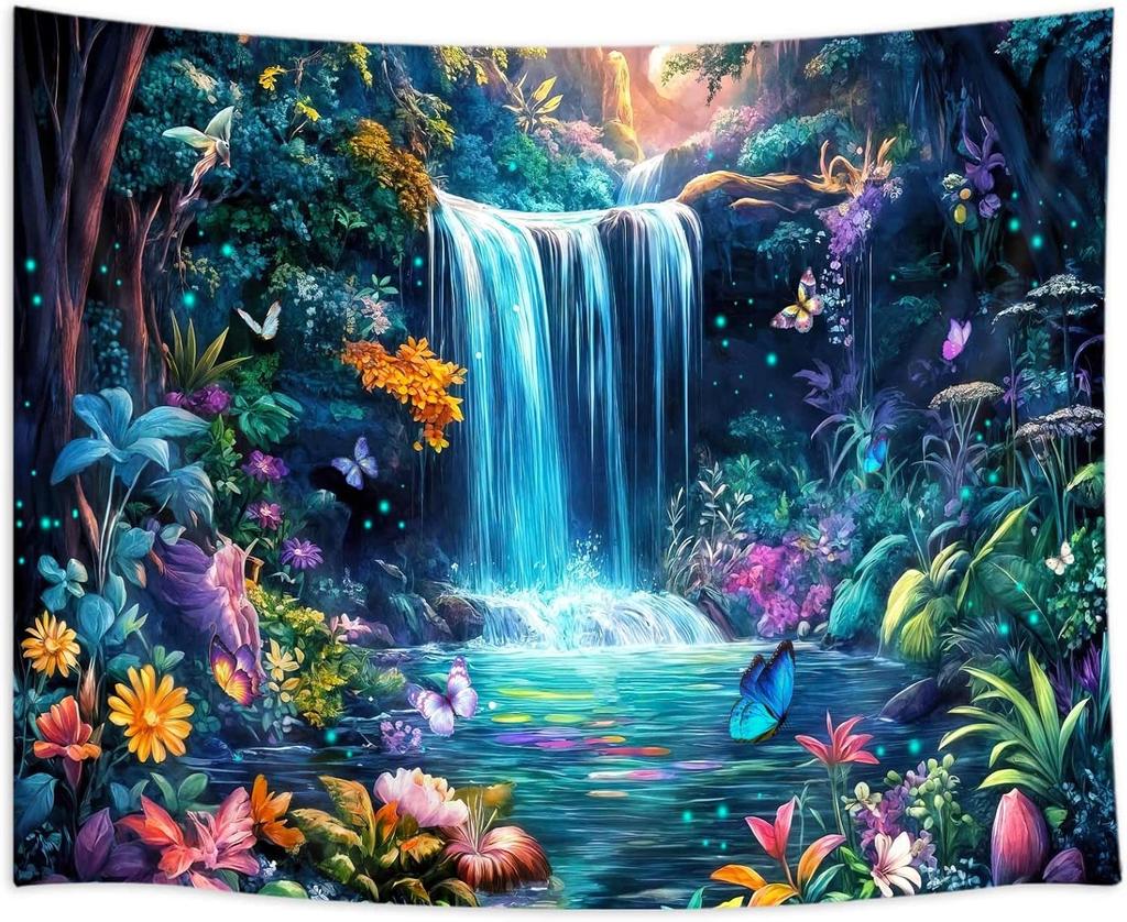 Arazzo Cascate Forestali Arazzi Paesaggio Naturale Arazzi Fiori Farfalle Piante Floreali Colorate Estetica Fantasy Muro