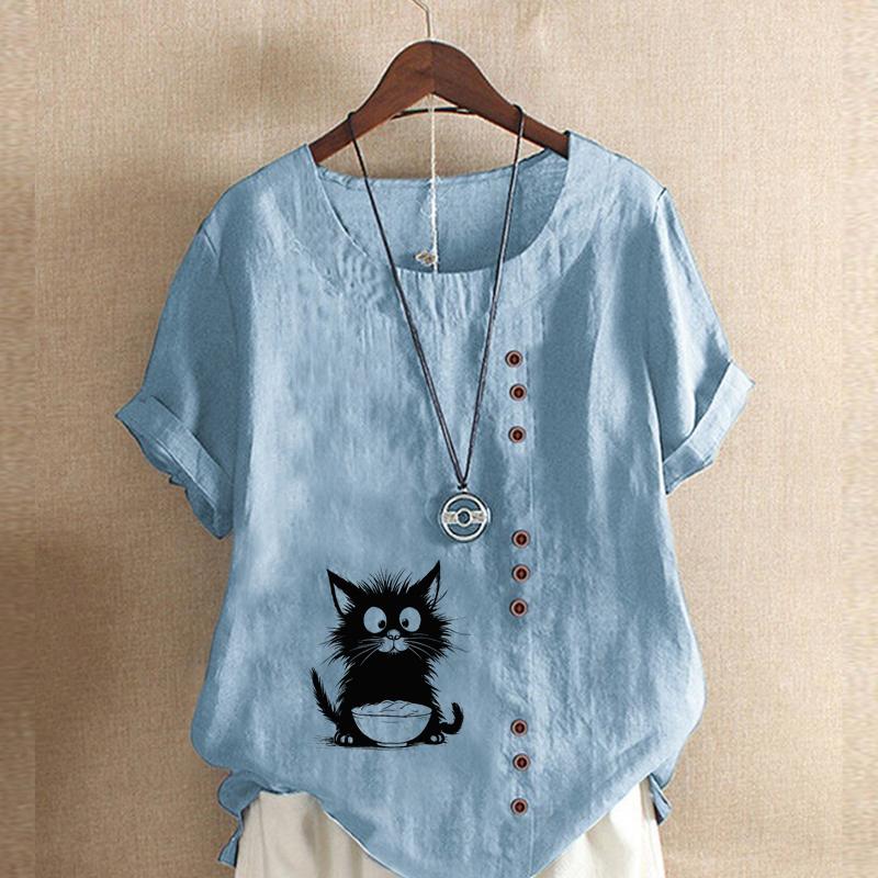 Women's Fashion Black Cat Prined Short Sleeve T-shirt Loose Cotton Shirt Casual Loose Summer Blouse Plus Size Tops