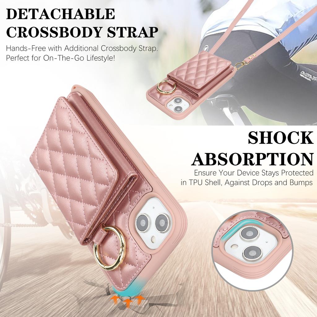 For iPhone 15 Plus/14 Plus Case with Lanyard/Mirror/Card Holder Grids Pattern RFID Blocking Phone Cover