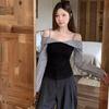 French Pure Desire Babes Plaid Splicing Off-the-shoulder Long-sleeved Shirt T-shirt Women's Autumn Fake Two Slim-fitting and Thin Tops