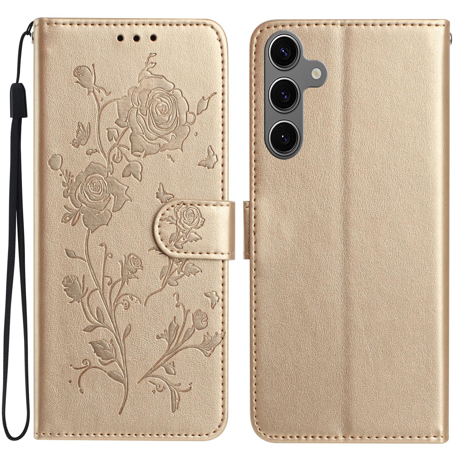

For Samsung Galaxy S24 FE Wallet Case Rose Pattern Imprinted Leather Flip Stand Phone Cover Gold