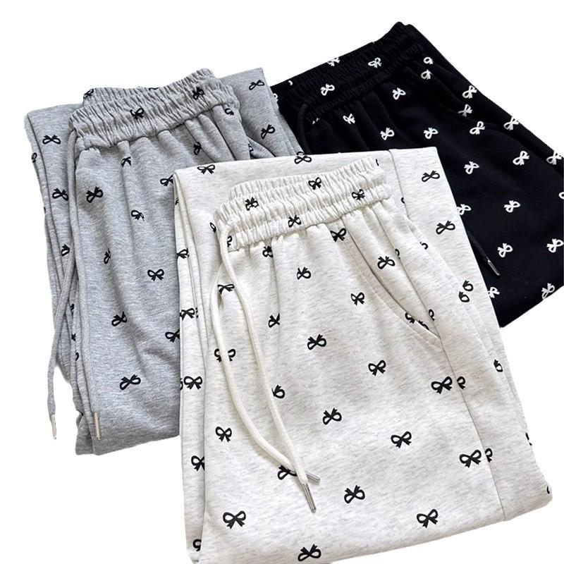 Petite High Waist Wide Leg Bow Print Pants - Spring/Autumn
