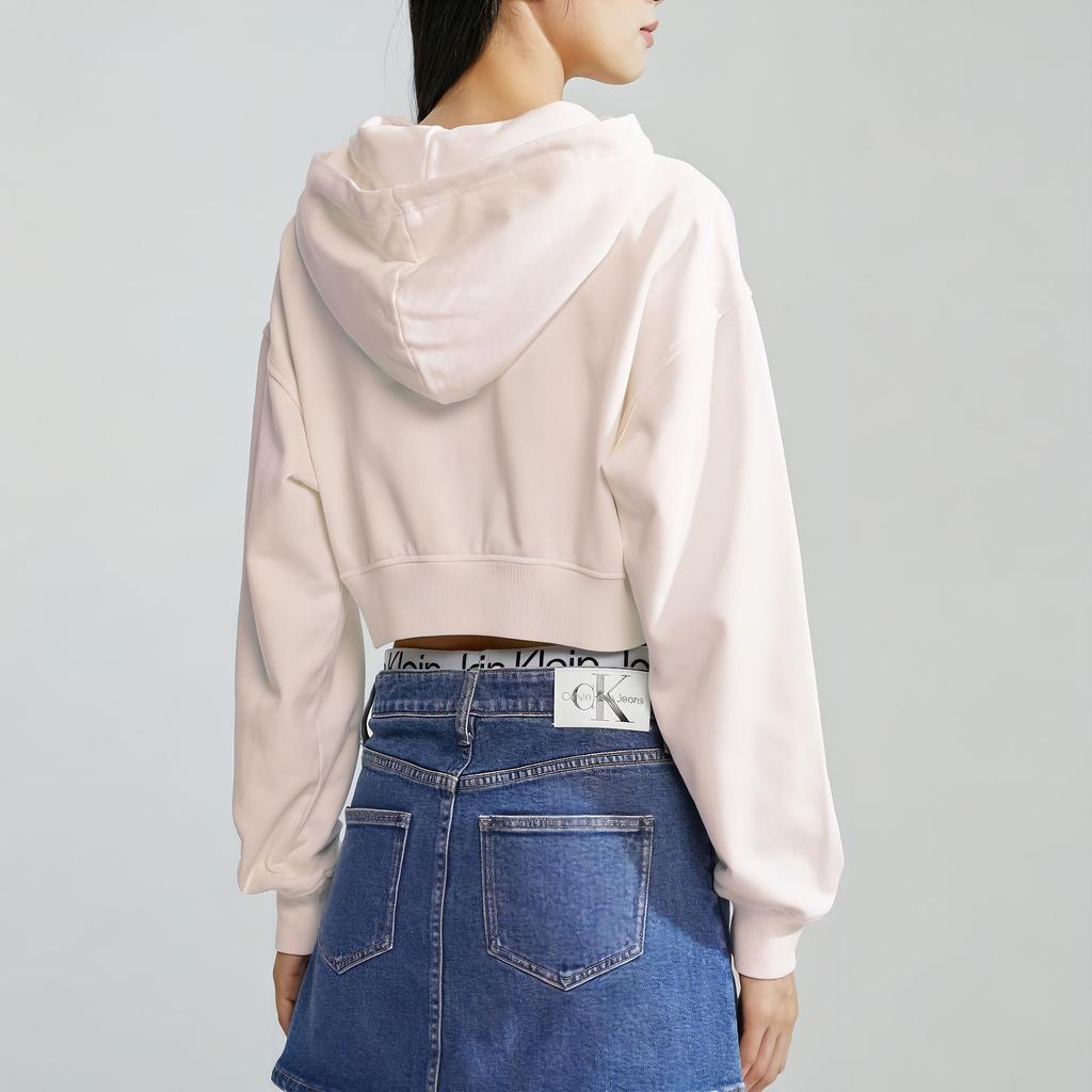 Calvin Klein Hooded Pullover Embroidered Letter Cropped Long Sleeve Sweatshirt Women Sweatshirt Milk-White J222491-YBI