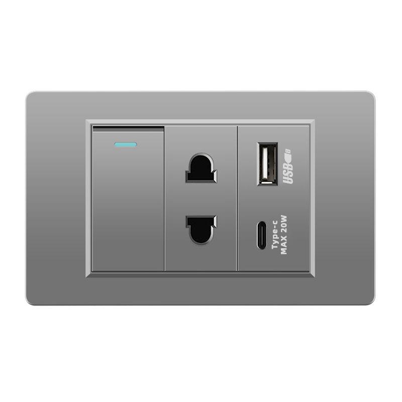 118 Type Switch Six-Hole Gray Wall Socket with Type-C 20W, Thai Style & PC Panel, Taiwan Socket