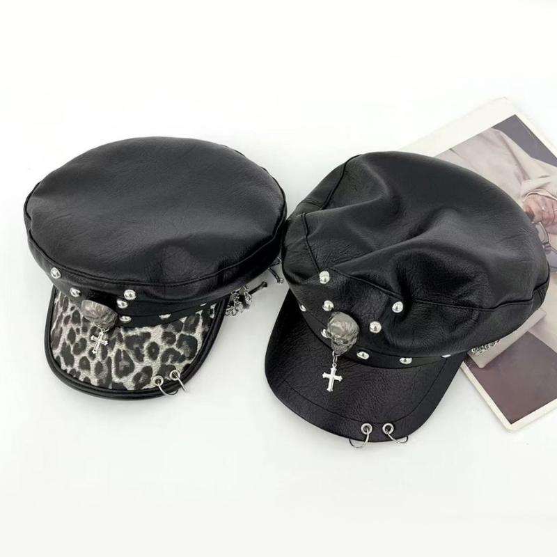 2000s Punk Rivet Studded Cricket Cap With Skull Crossed Decor Beret Hat For Women Western Theme Party Casual Outfit Accessory