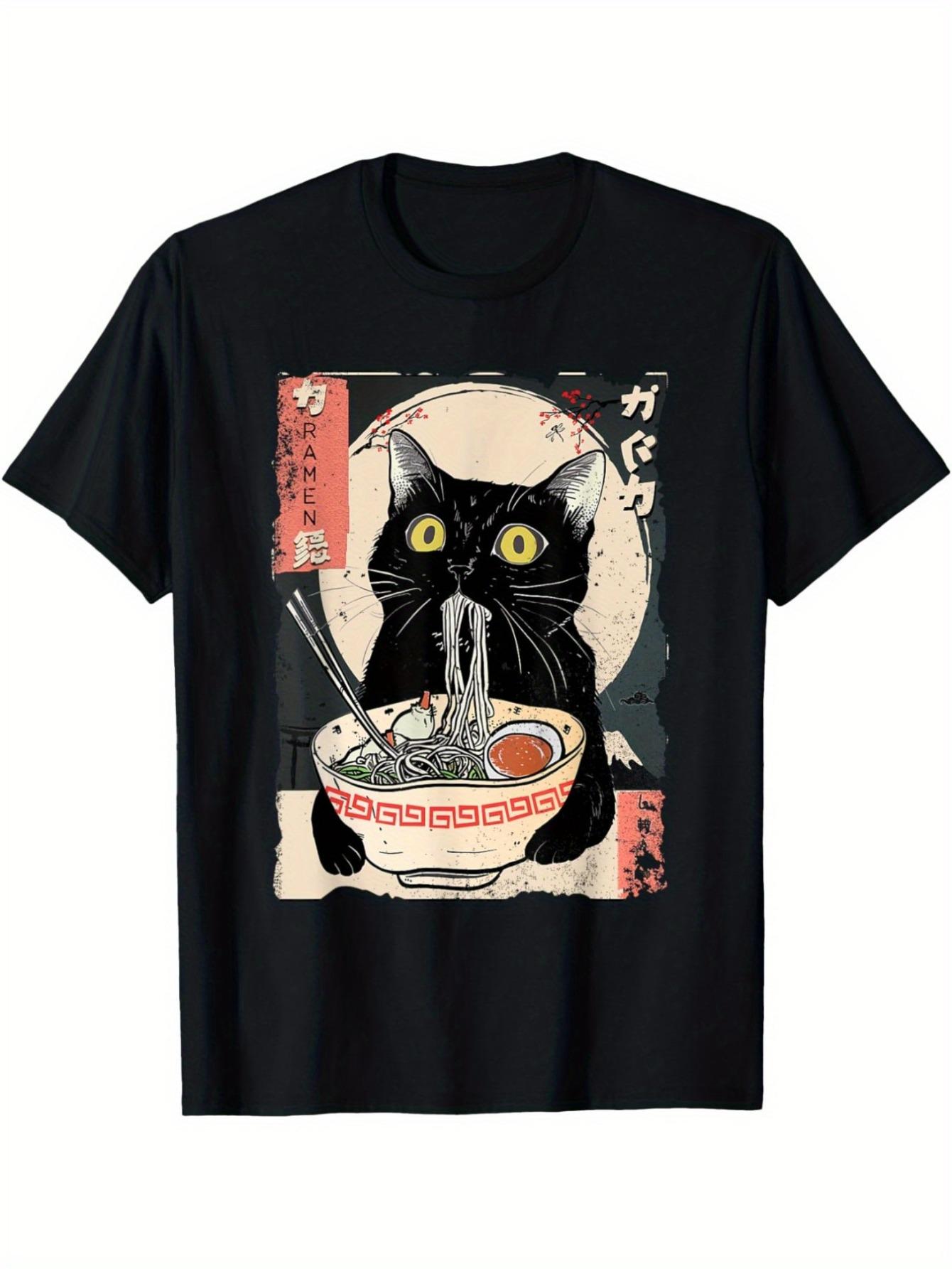 T-Shirt y2k Kawaii Cat Eating Ramen Black/Red S