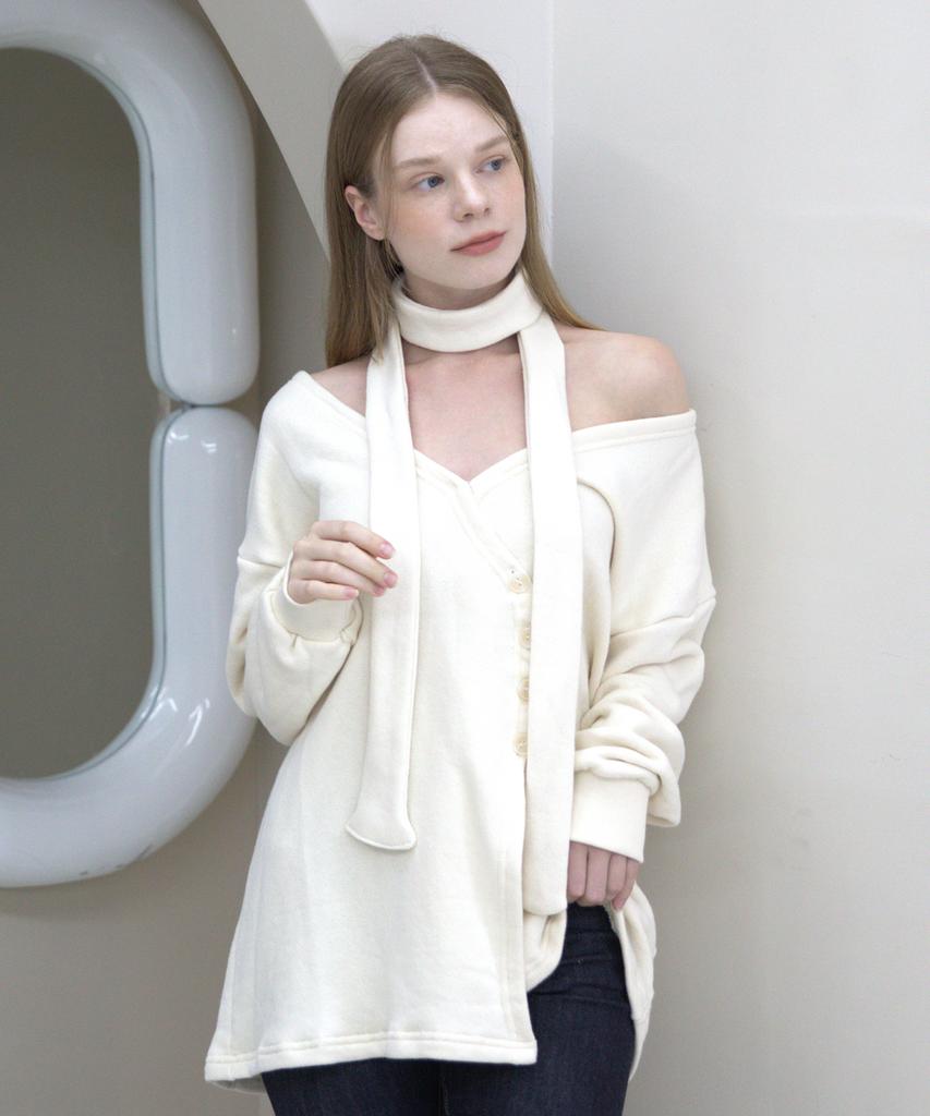 Cattline Off-Shoulder Wrap Strap Cardigan (Ivory)