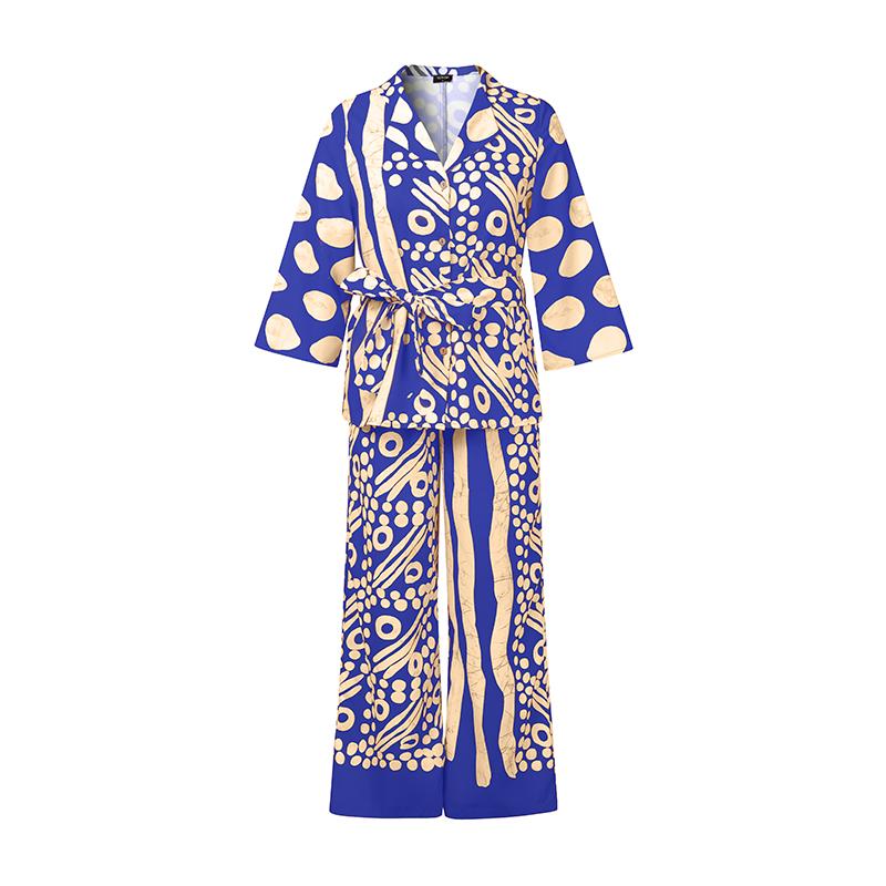 

Женский свободный блузон с рукавами 3/4 и принтом и брюки, повседневные костюмы-двойки 4XL синий