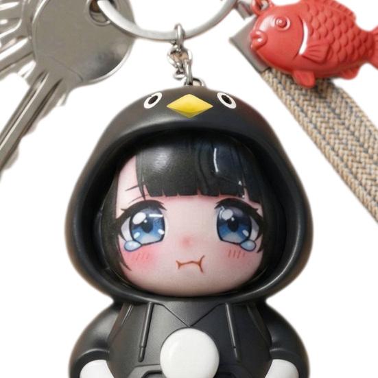 Face Changing Cartoon Girl Toy Stress Relief Penguin Costume Girl Toy with 3 Expressions Keychain Pendant Backpack Purse Charm Party Favors