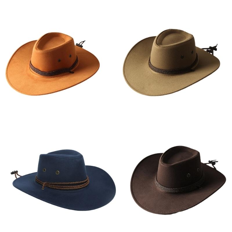 Modischer Western-Cowboyhut mit breiter Krempe und winddichtem Band, Vintage, einfarbig, Jazzhut, vielseitig kombinierbar für Freizeit und Urlaub