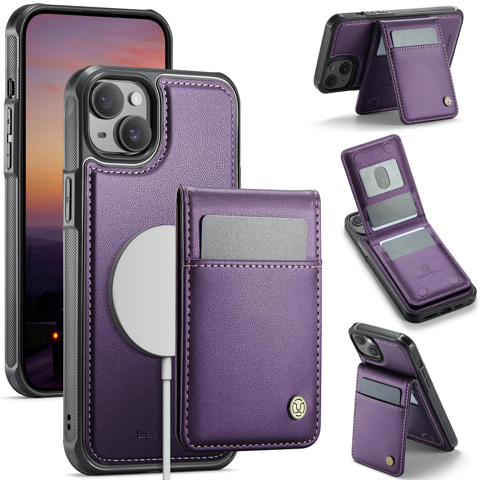 

For iPhone 15 Plus Leather Back Cover Compatible with MagSafe JEEHOOD J06 Phone Case with Card Bag RFID Blocking Purple