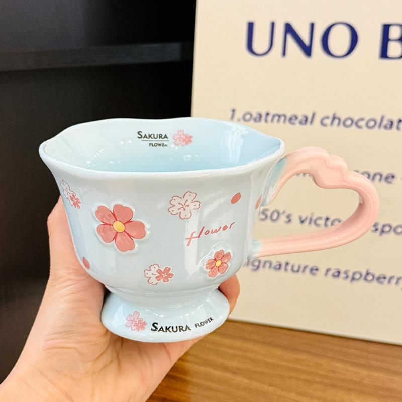

Personalized and Creative Cherry Blossom Relief Ceramic Mug with Spoon Pink and Girlish Home Water Cup Tall Glass As A Souvenir 380ml