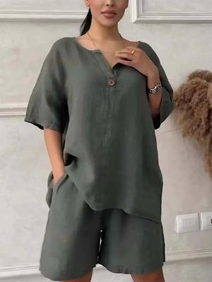 Modern Women's Solid Top and High Waist Shorts Two-Piece Set