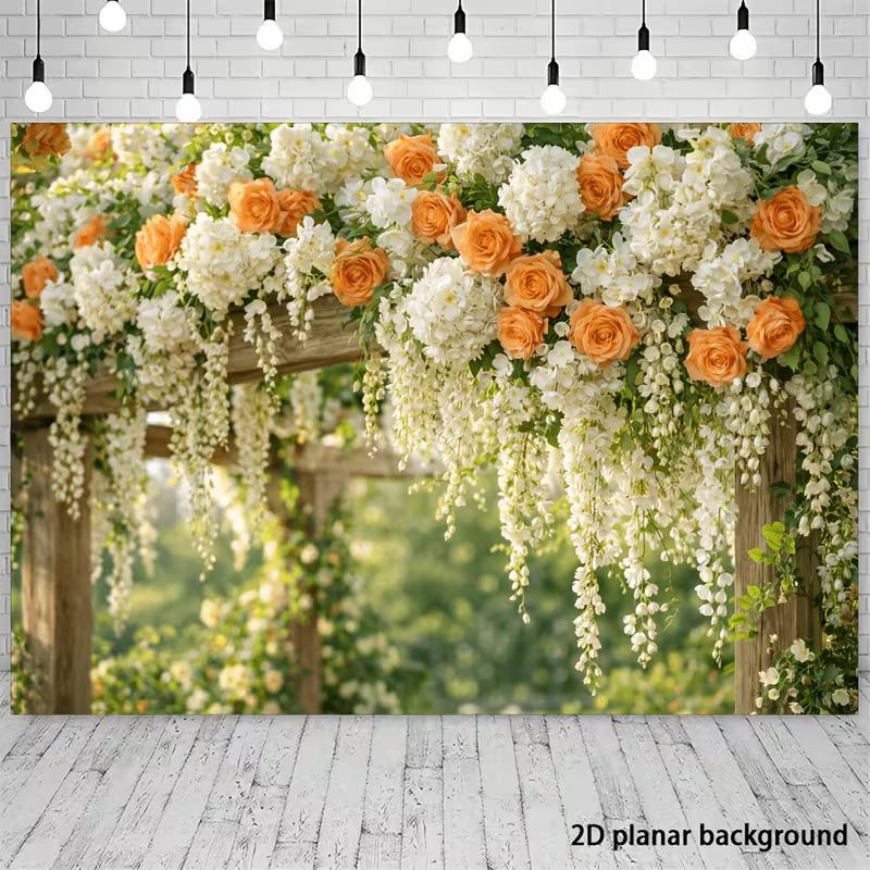 2D Printed Backdrop with Orange Roses, White Flowers and Wooden Arbor