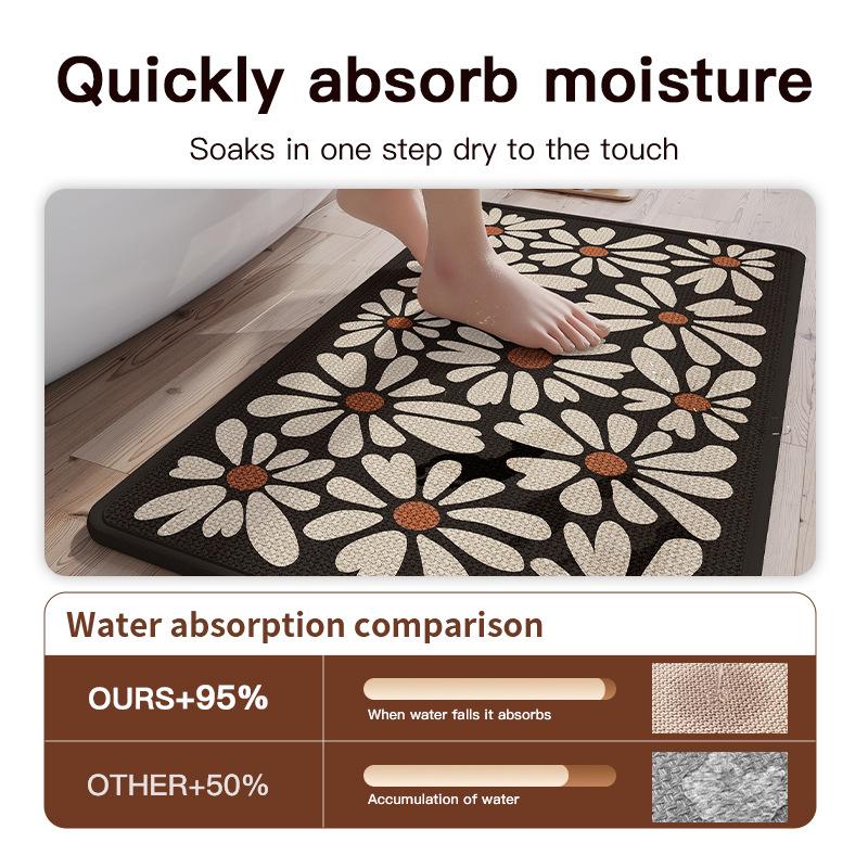 Tapete de Banho de Linho Antiderrapante Estampa Margarida - Tapete de Banheiro Absorvente de Secagem Rápida com Base de Borracha, Lavável à Máquina e Design Respirável