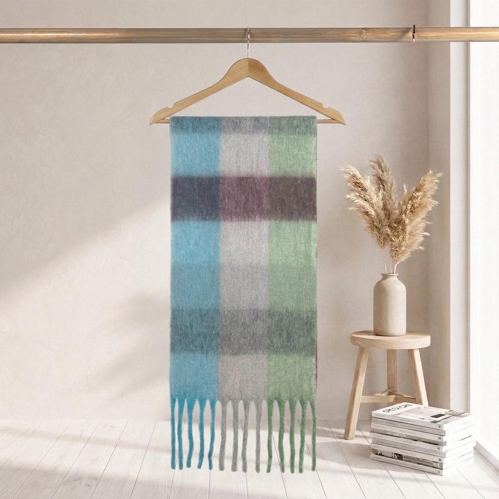 Women's High-Grade Colorful Plaid Mohair Scarf - Thick, Warm, and Versatile for Winter