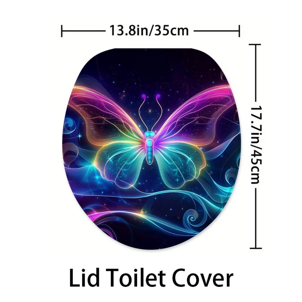 4Pcs Neon Butterfly Shower Curtain Set with Non-Slip Bath Mat, Toilet Lid Cover, Contour Rug & 12 Hooks, Bathroom Decor