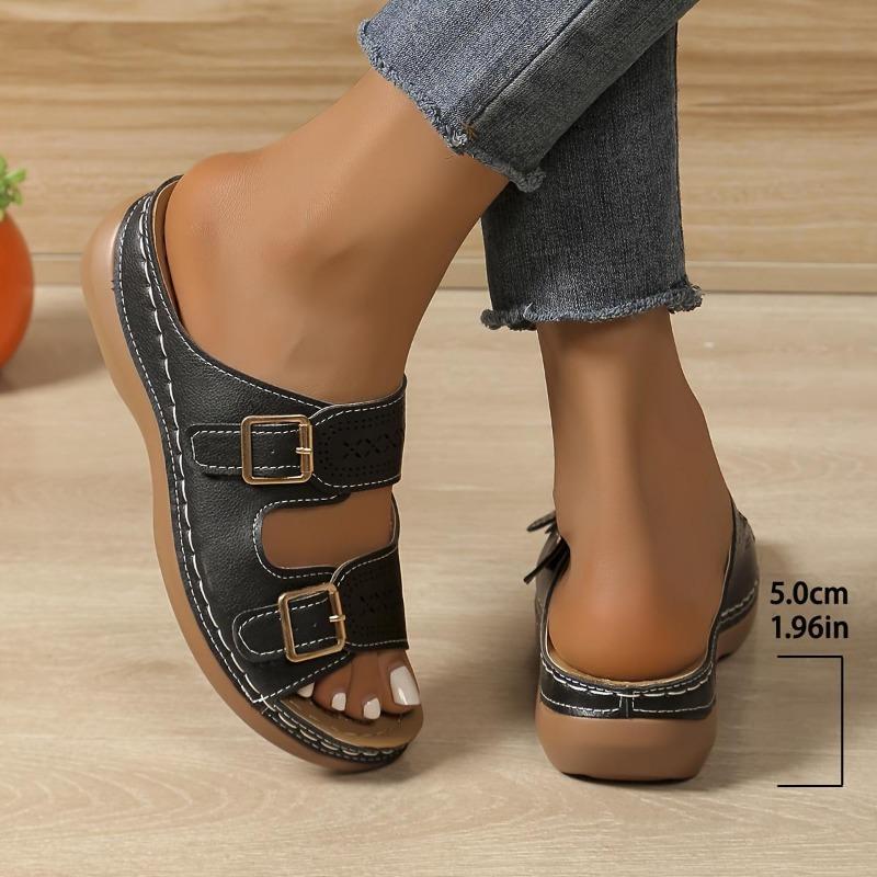 Women's Solid Color Casual Sandals, Platform Slip On Soft Sole Double Buckle Holiday Shoes, Cut Out Wedge Beach Shoes