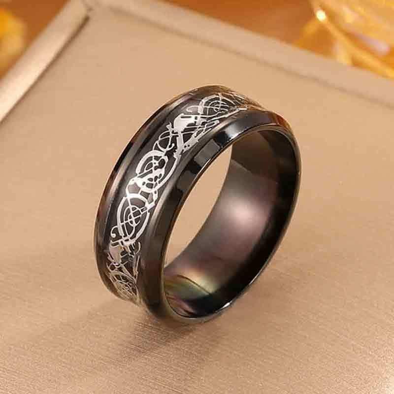 Men's Hip-Hop Titanium Steel Ring with Black Patterns - Bold, Individualistic, Fashionable and Versatile Finger Ring