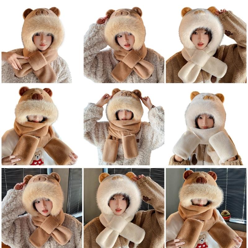Furry Cartoon Capybara Hat with Scarf Gloves Set Thicken Furry Hat Oversized Headgear Hat for Winter Commute