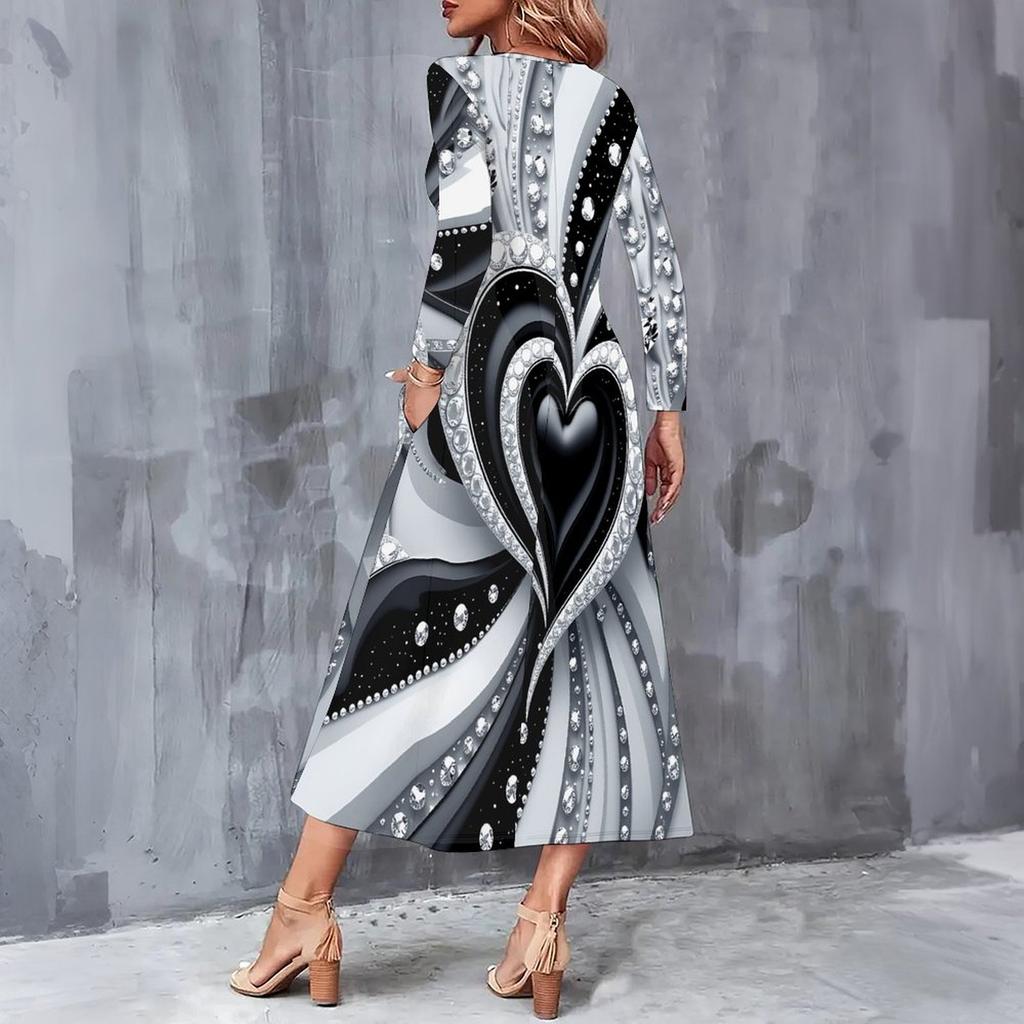 Women Plus Size V Neck Long Sleeve Black White Printed A Line Midi Dress With Pockets