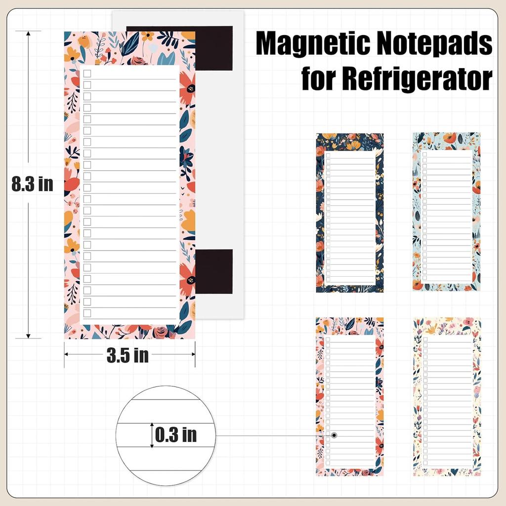 Koogel Magnetic Fridge Notepads, Floral Design, 4 Pack 200 Sheets Grocery List Notepad, 70g Premium Paper, Tear-Off Sheets, Perfect for Daily