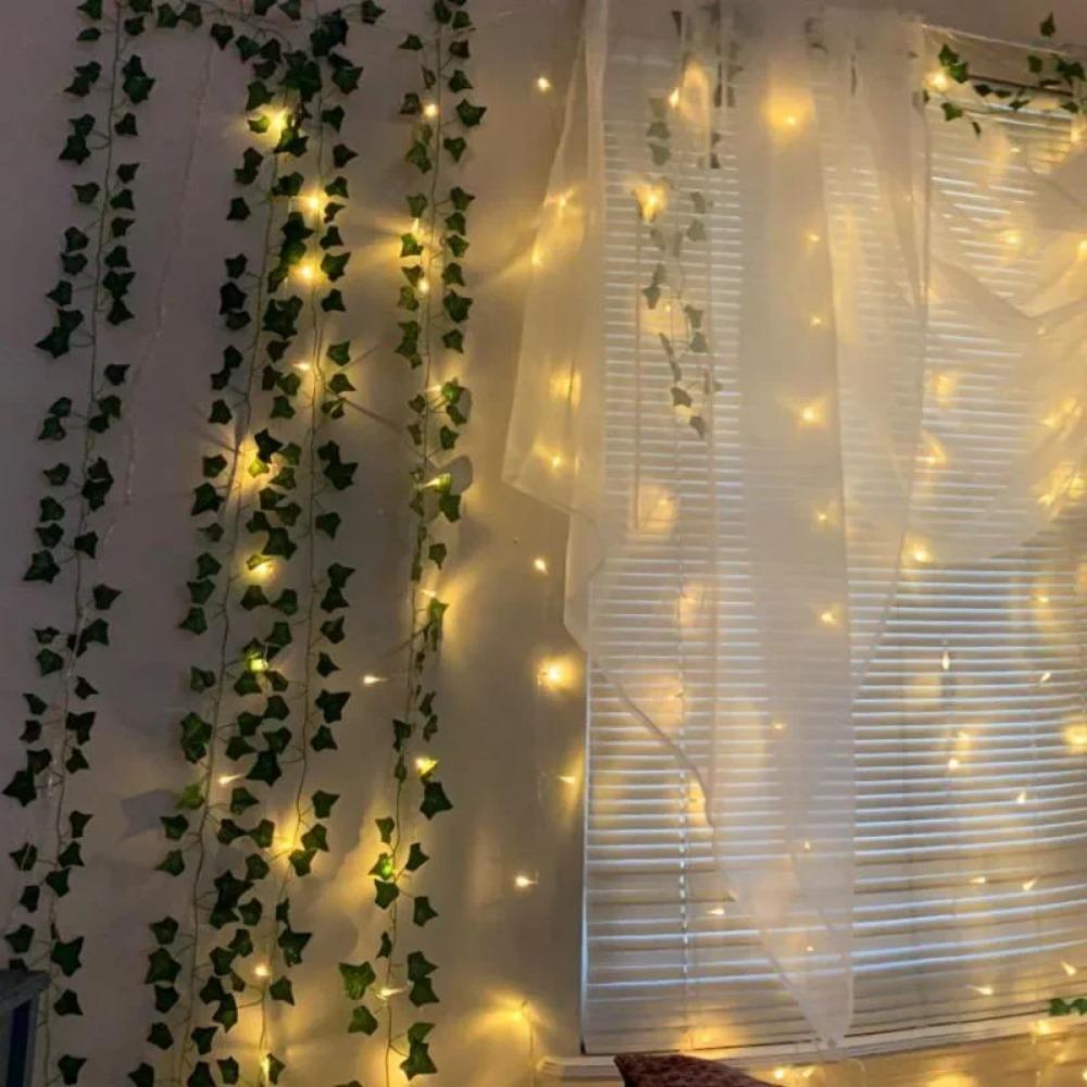 2.3m Fake Creeper Green Leaf Ivy Vine with 2m LED String Lights - Home Wedding Party Hanging Garland Artificial Flower